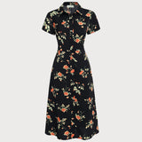 Glória - Vestido Midi Negro con Estampado Floral