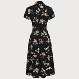 Glória - Vestido Midi Negro con Estampado Floral