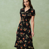 Glória - Vestido Midi Negro con Estampado Floral