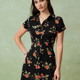 Glória - Vestido Midi Negro con Estampado Floral