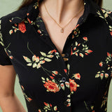 Glória - Vestido Midi Negro con Estampado Floral