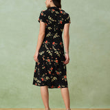 Glória - Vestido Midi Negro con Estampado Floral