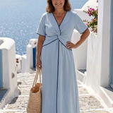 Eirene | Vestido Midi con Escote en V, Manga Corta y Detalle de Torción Frontal