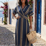 Lia | Vestido Midi Rayado con Escote en V y Manga Corta