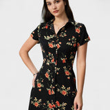 Glória - Vestido Midi Negro con Estampado Floral