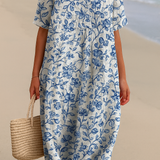 Magnolia - Vestido de Marfil Decorado con Detalles Florales en Azul Porcelana