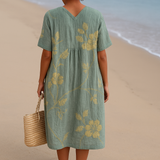 Clementina - Vestido Azul y Gris con Bordado Floral