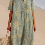 Clementina - Vestido Azul e Cinza com Bordado Floral