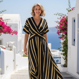 Helena | Vestido midi de rayas cruzado con manga corta y escote en V