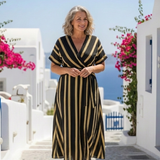 Helena | Vestido midi de rayas cruzado con manga corta y escote en V