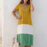 Thalia | Vestido midi con escote en V y mangas cortas en tonos de color