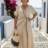 Linnea | Vestido Midi de Manga Corta con Escote en V y Cintura Ajustada