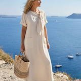 Elowyn | Vestido Maxi de Escote Redondo, Manga Corta y Bolsillos