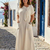 Elowyn | Vestido Maxi de Escote Redondo, Manga Corta y Bolsillos