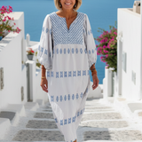 Luna | Vestido Maxi Bordado con Escote en V y Mangas Largas