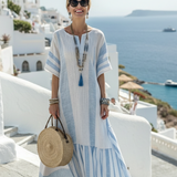 Ione | Vestido largo de rayas con escote redondo y mangas cortas