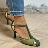 Taviana - Zapatos de tacón patchwork con tira en T y puntera cerrada