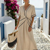 Linnea | Vestido Midi de Manga Corta con Escote en V y Cintura Ajustada