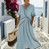 Linnea | Vestido Midi de Manga Corta con Escote en V y Cintura Ajustada