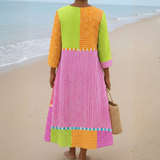 Fátima - Vestido Colorido de Patchwork con Detalles de Bolitas y Rayas
